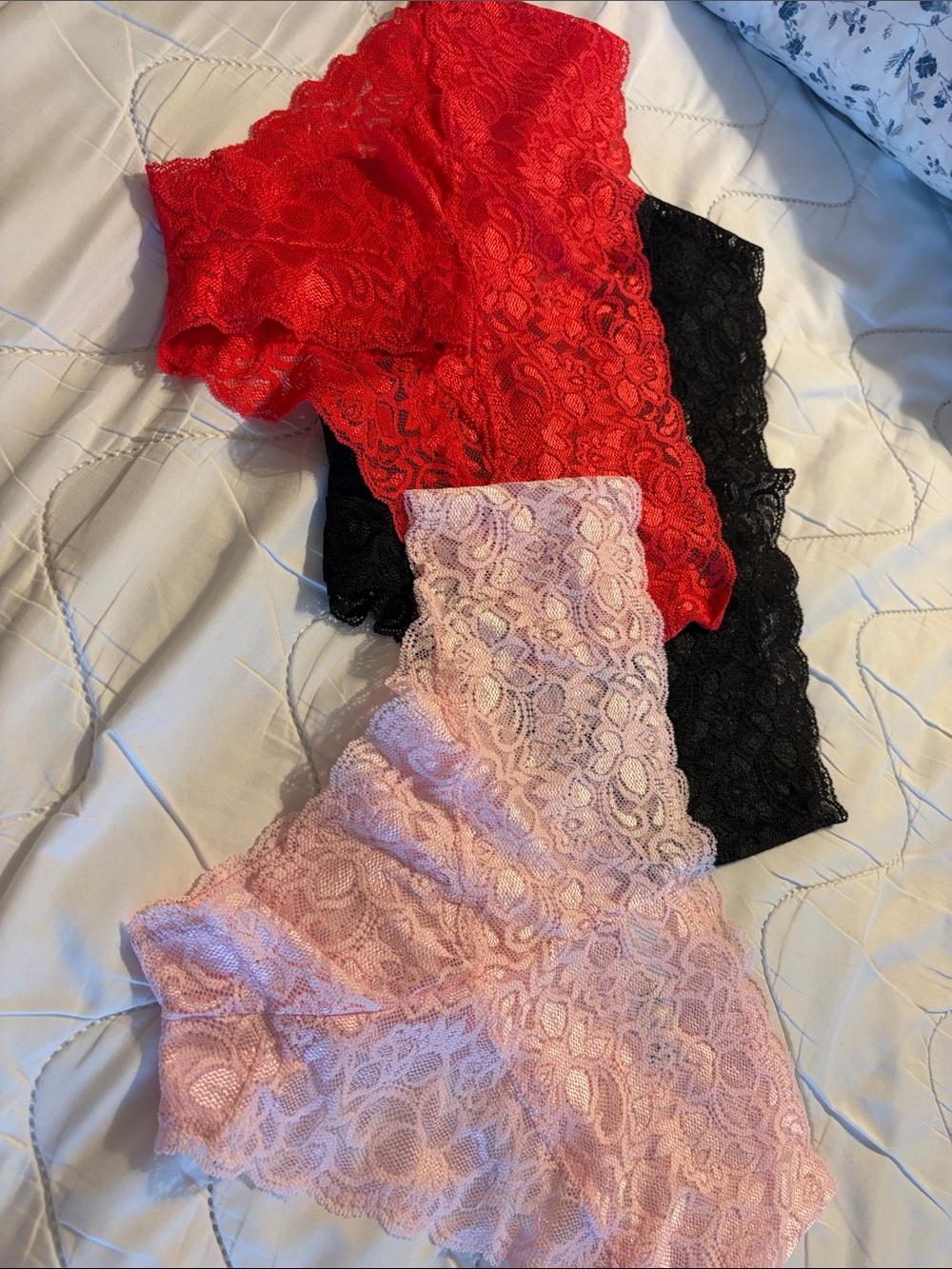 Quince Lace Cheeky 3 Panty Set — Red, Black & Pink. Large. Nylon/ spandex. - Picture 1 of 9